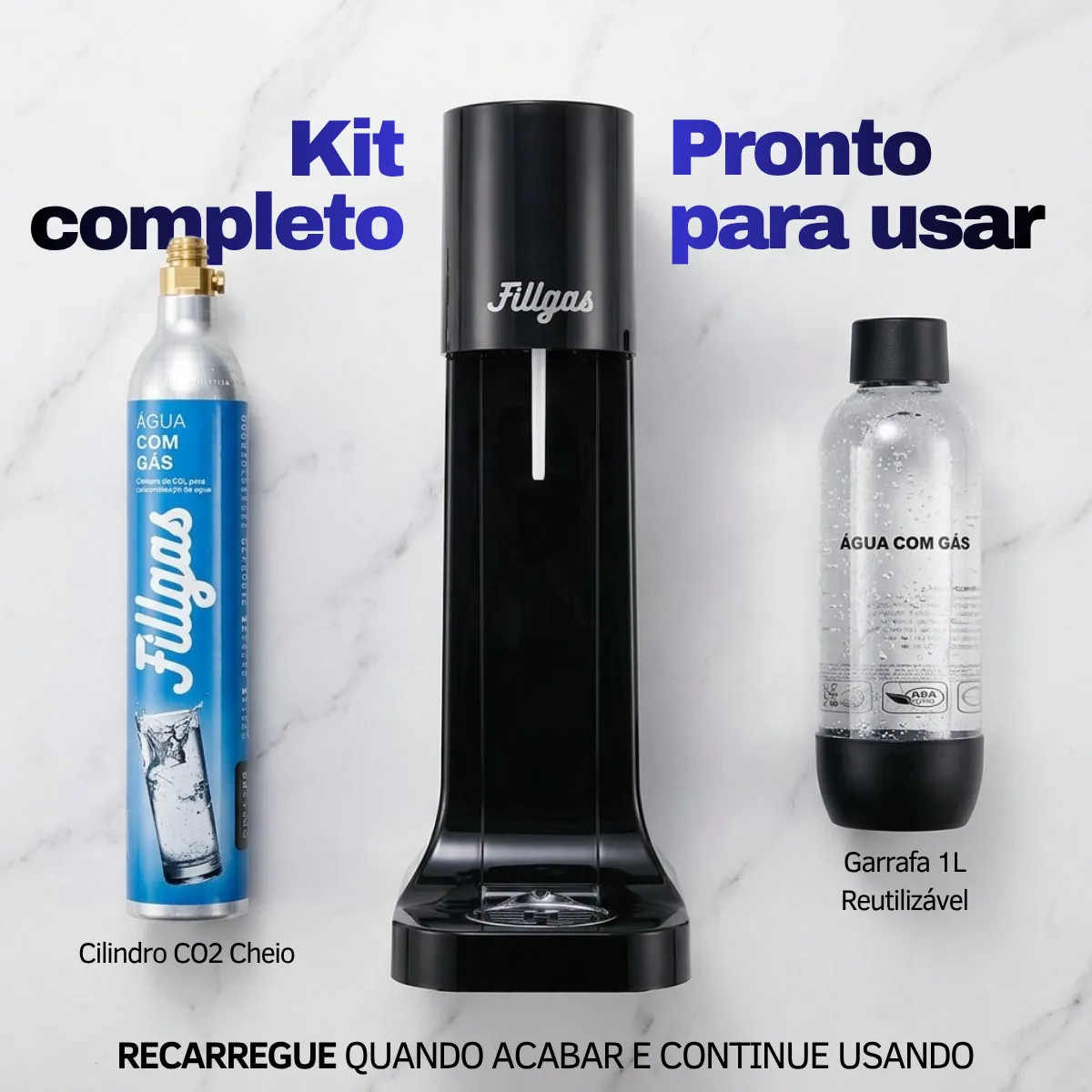 Kit Fillgas: máquina, cilindro de CO₂ e garrafa reutilizável